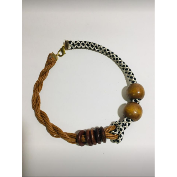 wood bead brown leather neck piece